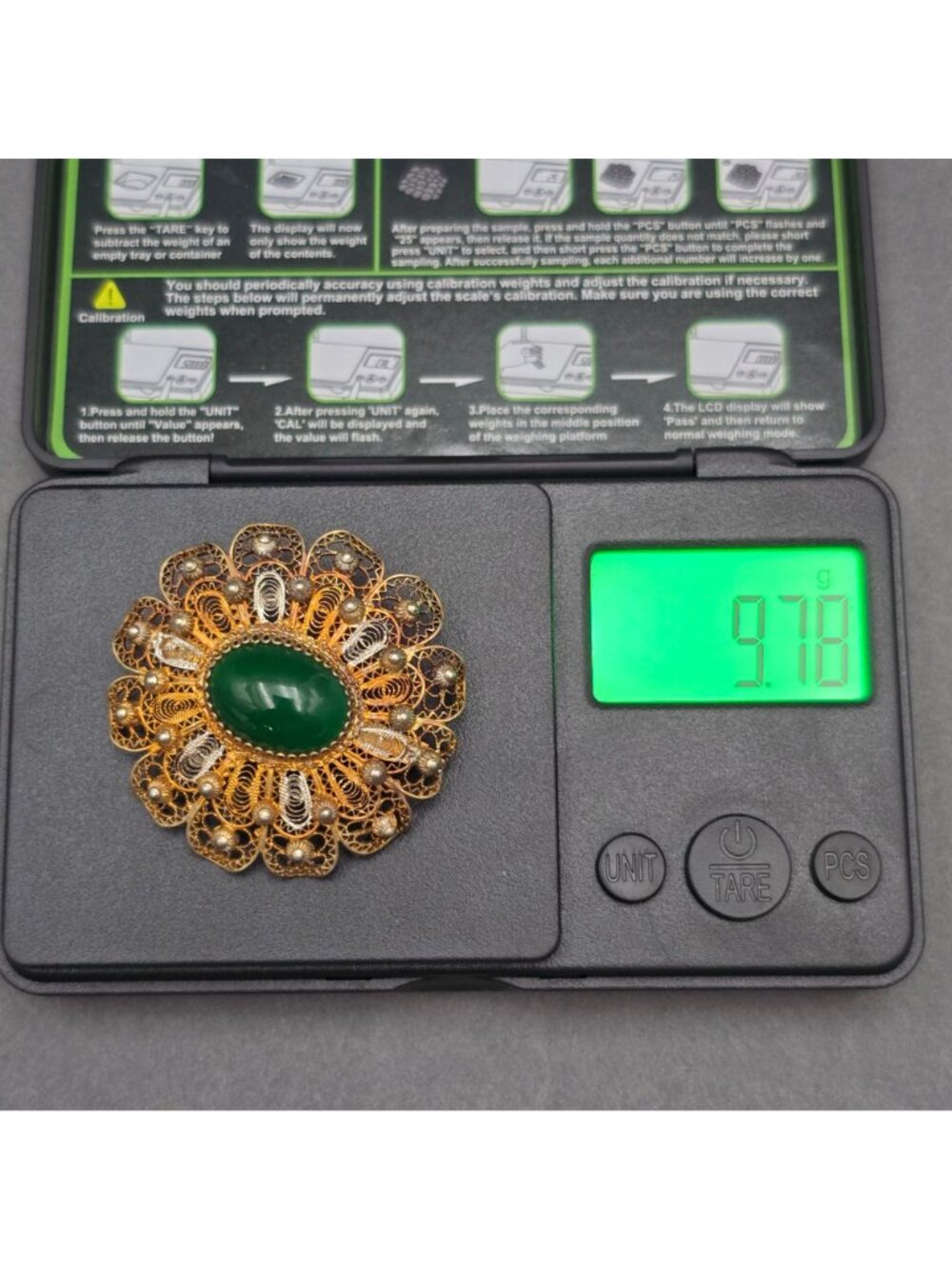 Vintage 830 Silver Vermeil Flower Brooch Green Cabochon Filigree Scandinavian - Picture 13 of 14
